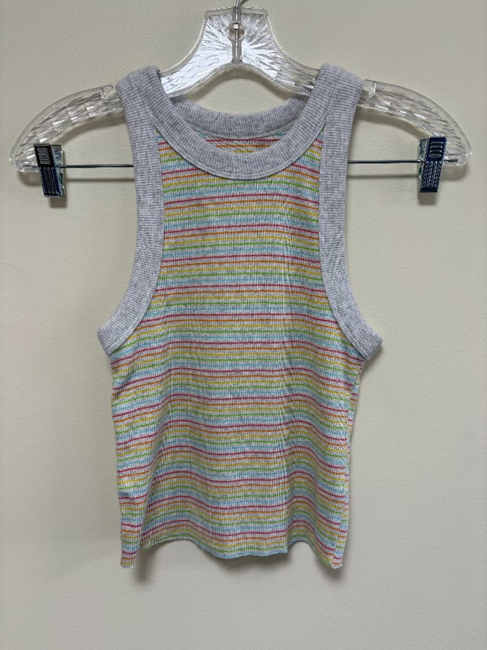 Aerie Rainbow Striped Ribbed Tank Top w/ Gray Trim